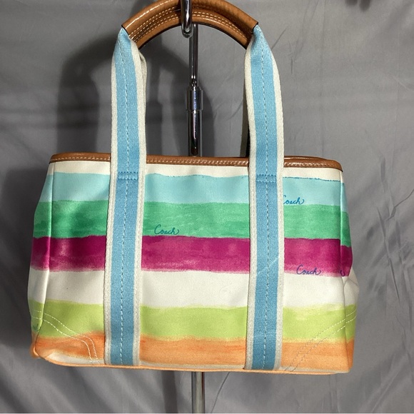 Coach Hamptons Watercolor Pastel Striped Satchel Tote Bag - Picture 3 of 11
